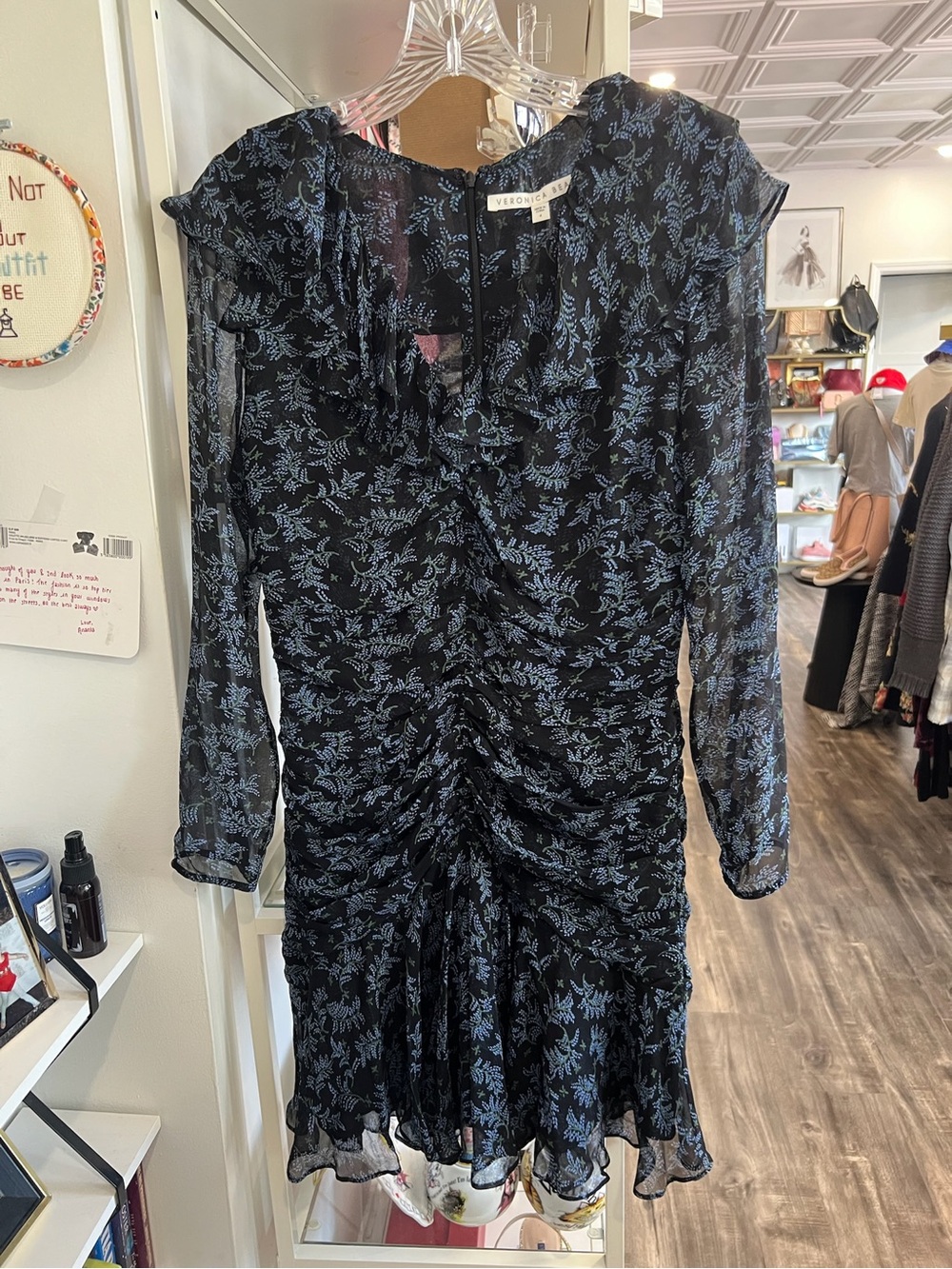 Veronica Beard Black Dress with Light Blue Floral Print — Long Sleeve Ruffle Hem